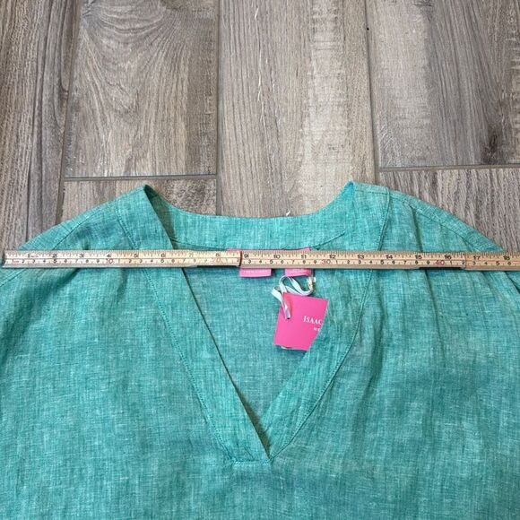 NWT‎ Isaac Mizrahi 100 % Linen Short Sleeve Vneck Shirt Green - Picture 4 of 9